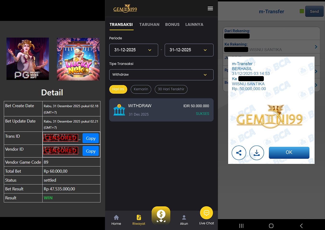 GEMINI99 BUKTI WITHDRAW (LUCKY NEKO) DIBAYAR LUNAS